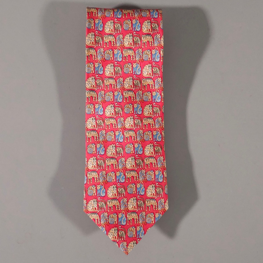 Leonard Paris Silk Tie Mens OS Red Blue Cat Print Animal Pattern Designer